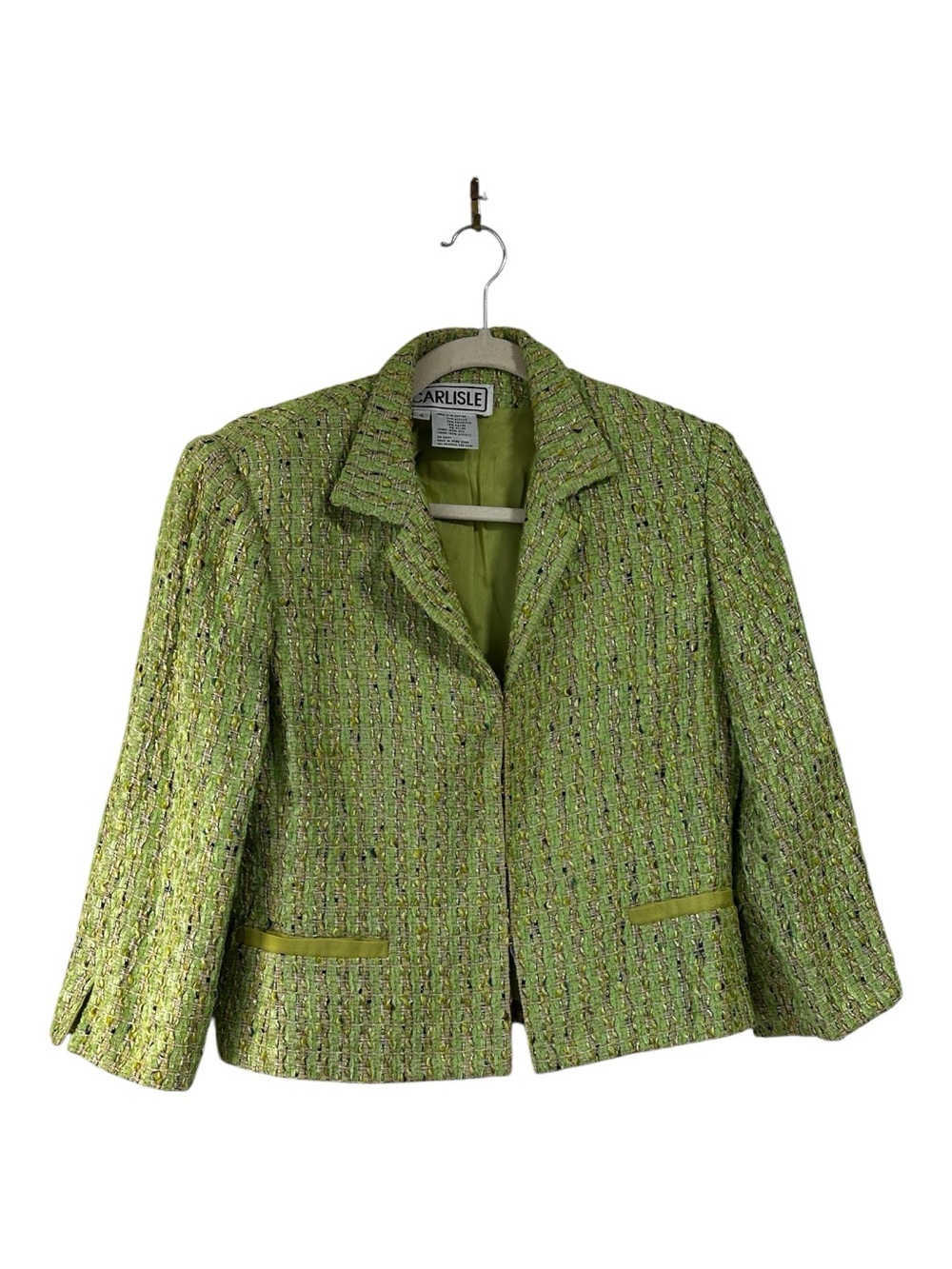 Carlisle Lime Green Tweed Women's Blazer Jacket size 4 hook and eye closure.
